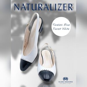 Naturalizer Women US 7.5M | EU 38 Slingback Heels - Navy and White Gold Buckles